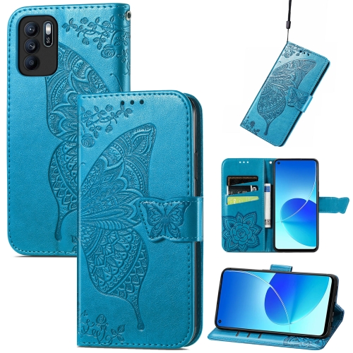 

Butterfly Love Flowers Embossed Horizontal Flip Leather Case with Holder & Card Slots & Wallet & Lanyard For OPPO Reno 6Z(Blue)