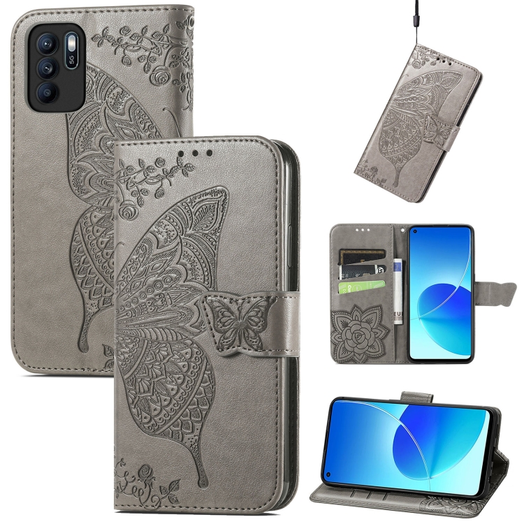 

Butterfly Love Flowers Embossed Horizontal Flip Leather Case with Holder & Card Slots & Wallet & Lanyard For OPPO Reno 6Z(Gray)