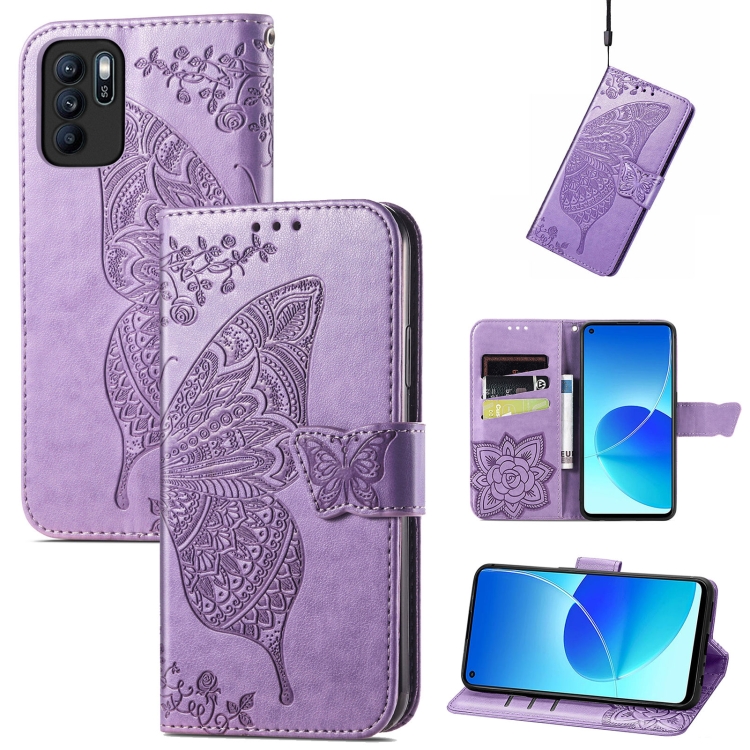 

Butterfly Love Flowers Embossed Horizontal Flip Leather Case with Holder & Card Slots & Wallet & Lanyard For OPPO Reno 6Z(Light Purple)