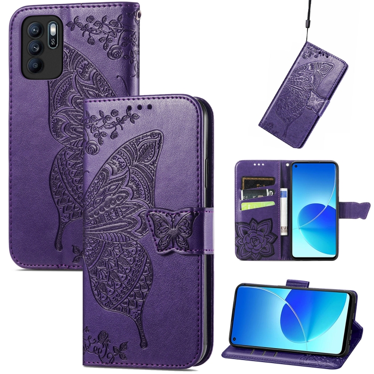 

Butterfly Love Flowers Embossed Horizontal Flip Leather Case with Holder & Card Slots & Wallet & Lanyard For OPPO Reno 6Z(Dark Purple)