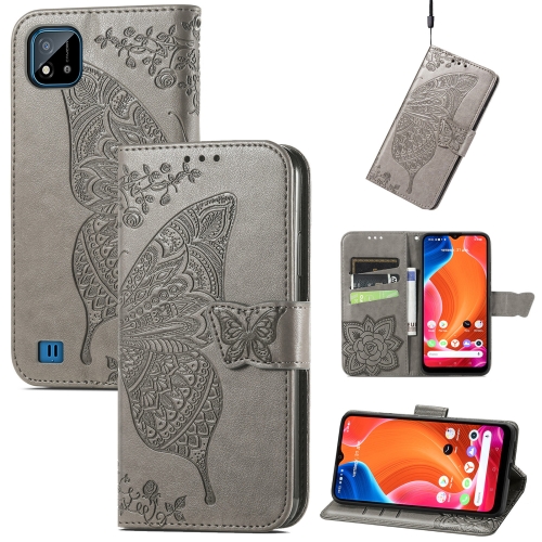 

Butterfly Love Flowers Embossed Horizontal Flip Leather Case with Holder & Card Slots & Wallet & Lanyard For OPPO Realme C20(Gray)