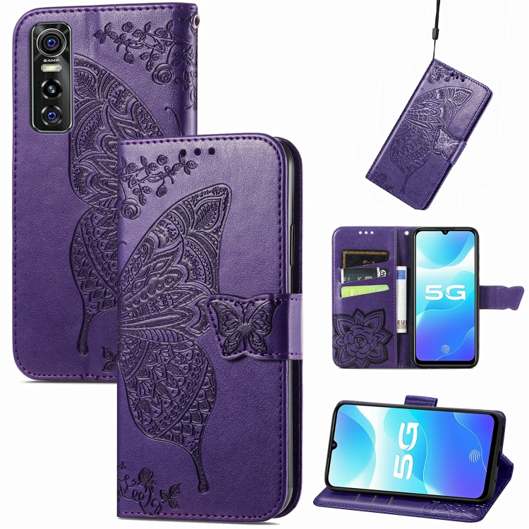 

Butterfly Love Flowers Embossed Horizontal Flip Leather Case with Holder & Card Slots & Wallet & Lanyard For vivo S7e(Dark Purple)