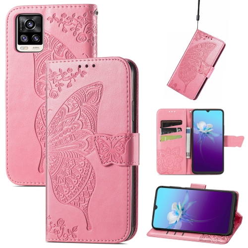 

Butterfly Love Flowers Embossed Horizontal Flip Leather Case with Holder & Card Slots & Wallet & Lanyard For vivo V20 2021(Pink)