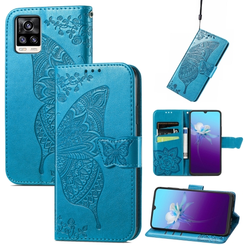

Butterfly Love Flowers Embossed Horizontal Flip Leather Case with Holder & Card Slots & Wallet & Lanyard For vivo V20 2021(Blue)