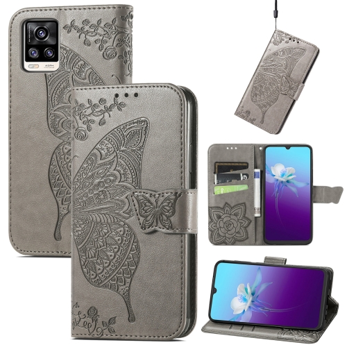 

Butterfly Love Flowers Embossed Horizontal Flip Leather Case with Holder & Card Slots & Wallet & Lanyard For vivo V20 2021(Gray)