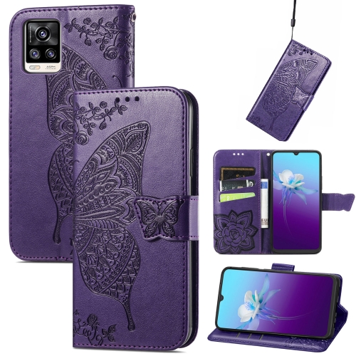 

Butterfly Love Flowers Embossed Horizontal Flip Leather Case with Holder & Card Slots & Wallet & Lanyard For vivo V20 2021(Dark Purple)