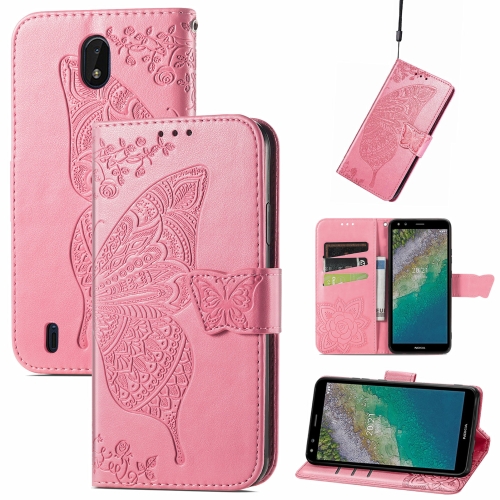 

Butterfly Love Flowers Embossed Horizontal Flip Leather Case with Holder & Card Slots & Wallet & Lanyard For Nokia C01 Plus(Pink)