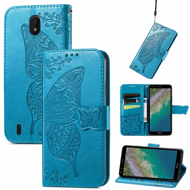 

Butterfly Love Flowers Embossed Horizontal Flip Leather Case with Holder & Card Slots & Wallet & Lanyard For Nokia C01 Plus(Blue)