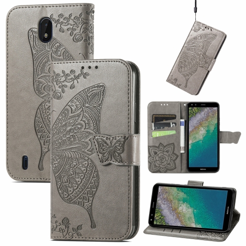 

Butterfly Love Flowers Embossed Horizontal Flip Leather Case with Holder & Card Slots & Wallet & Lanyard For Nokia C01 Plus(Gray)