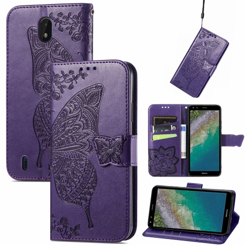 

Butterfly Love Flowers Embossed Horizontal Flip Leather Case with Holder & Card Slots & Wallet & Lanyard For Nokia C01 Plus(Dark Purple)