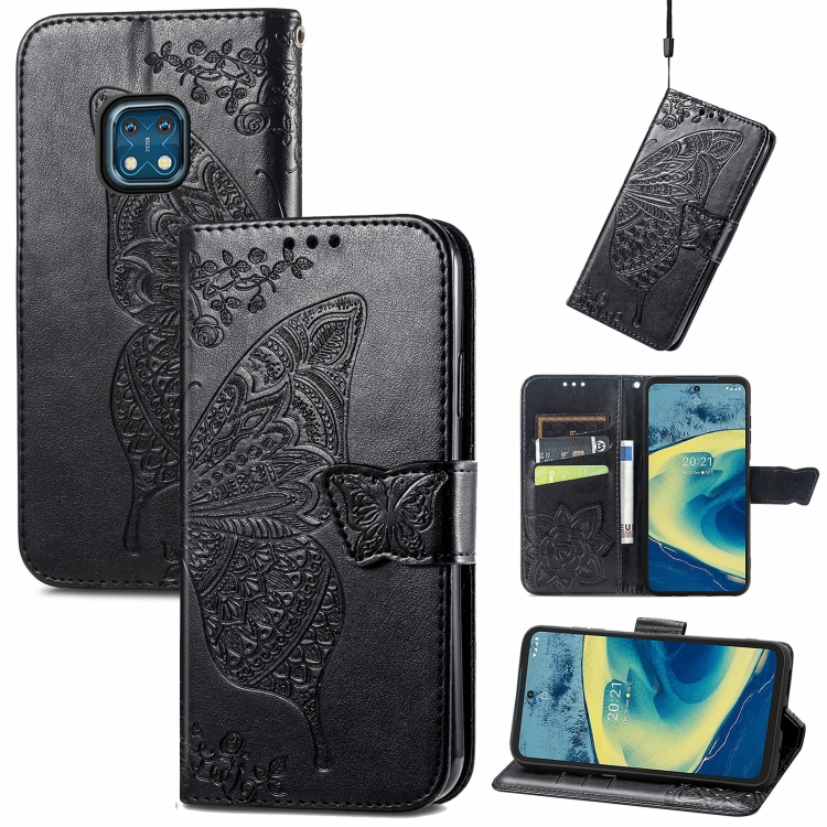 

Butterfly Love Flowers Embossed Horizontal Flip Leather Case with Holder & Card Slots & Wallet & Lanyard For Nokia XR20(Black)