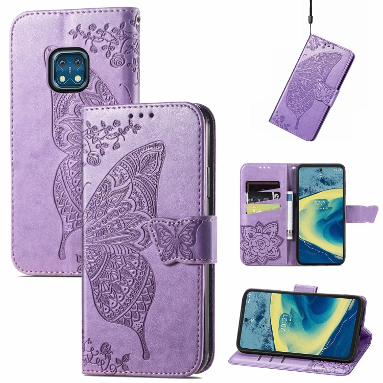 

Butterfly Love Flowers Embossed Horizontal Flip Leather Case with Holder & Card Slots & Wallet & Lanyard For Nokia XR20(Light Purple)