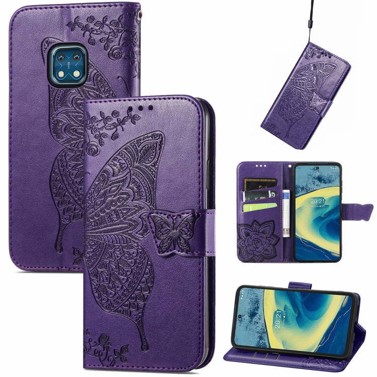 

Butterfly Love Flowers Embossed Horizontal Flip Leather Case with Holder & Card Slots & Wallet & Lanyard For Nokia XR20(Dark Purple)