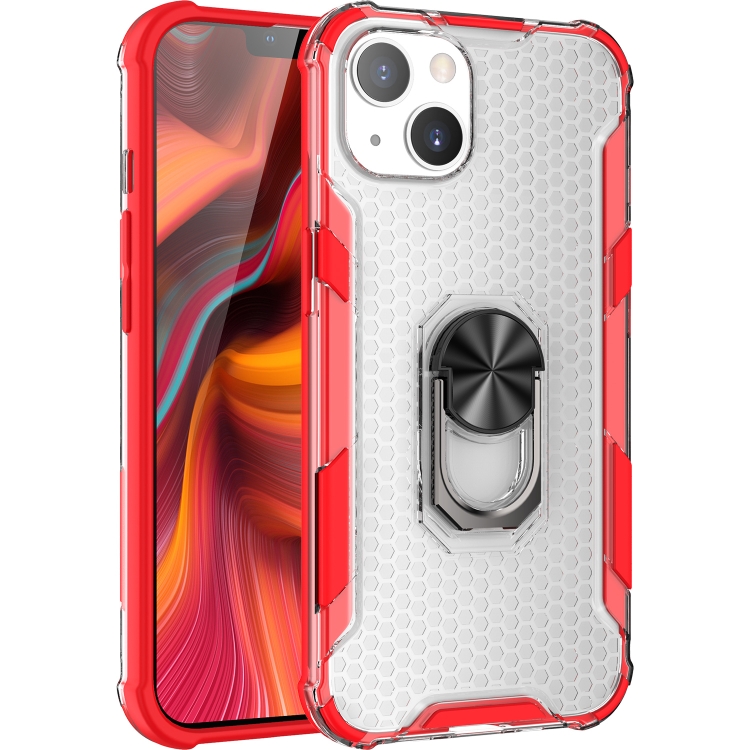 

Honeycomb PC + TPU Shockproof Case with Ring Holder For iPhone 13 mini(Red)