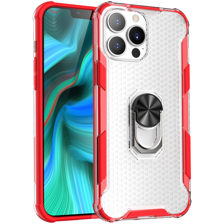 

Honeycomb PC + TPU Shockproof Case with Ring Holder For iPhone 13 Pro Max(Red)