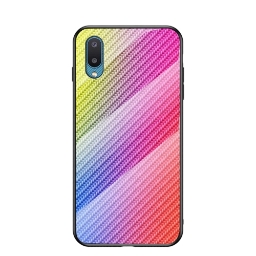 

For Samsung Galaxy A02 Gradient Carbon Fiber Texture TPU Border Tempered Glass Case(Colorful Fiber)