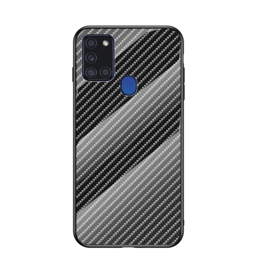 

For Samsung Galaxy A21s Gradient Carbon Fiber Texture TPU Border Tempered Glass Case(Black Fiber)