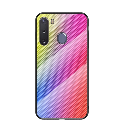 

For Samsung Galaxy A21 Gradient Carbon Fiber Texture TPU Border Tempered Glass Case(Colorful Fiber)