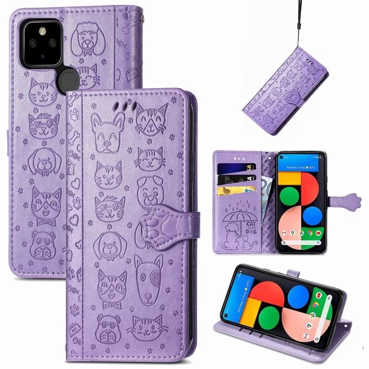 

For Google Pixel 5a 5G Lovely Cat and Dog Embossing Pattern Horizontal Flip Leather Case , with Holder & Card Slots & Wallet & Cartoon Clasp & Lanyard(Purple)