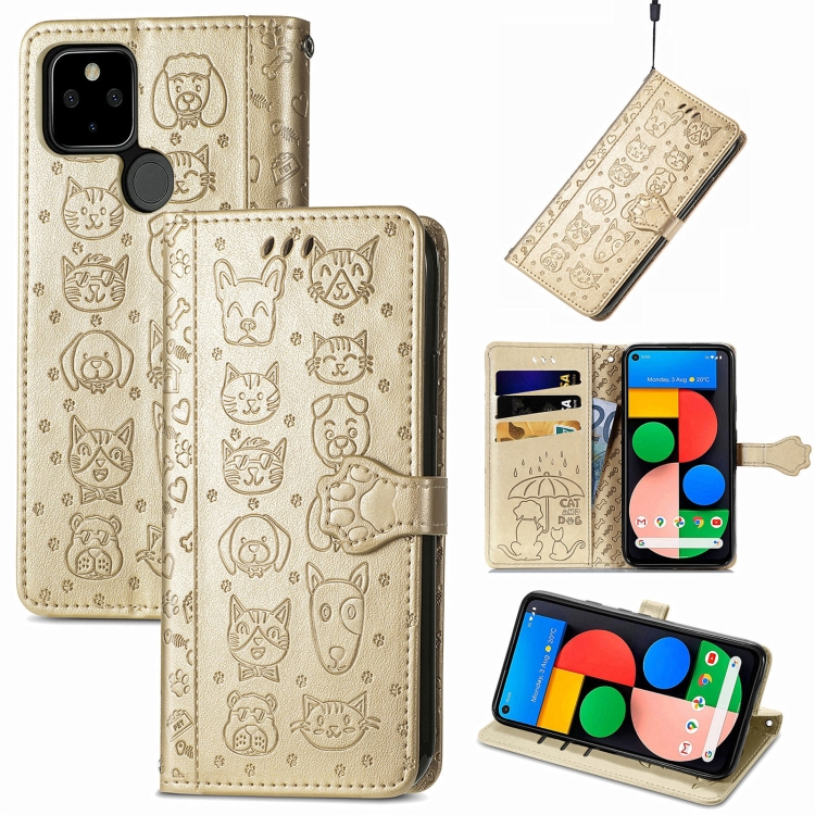 

For Google Pixel 5a 5G Lovely Cat and Dog Embossing Pattern Horizontal Flip Leather Case , with Holder & Card Slots & Wallet & Cartoon Clasp & Lanyard(Gold)