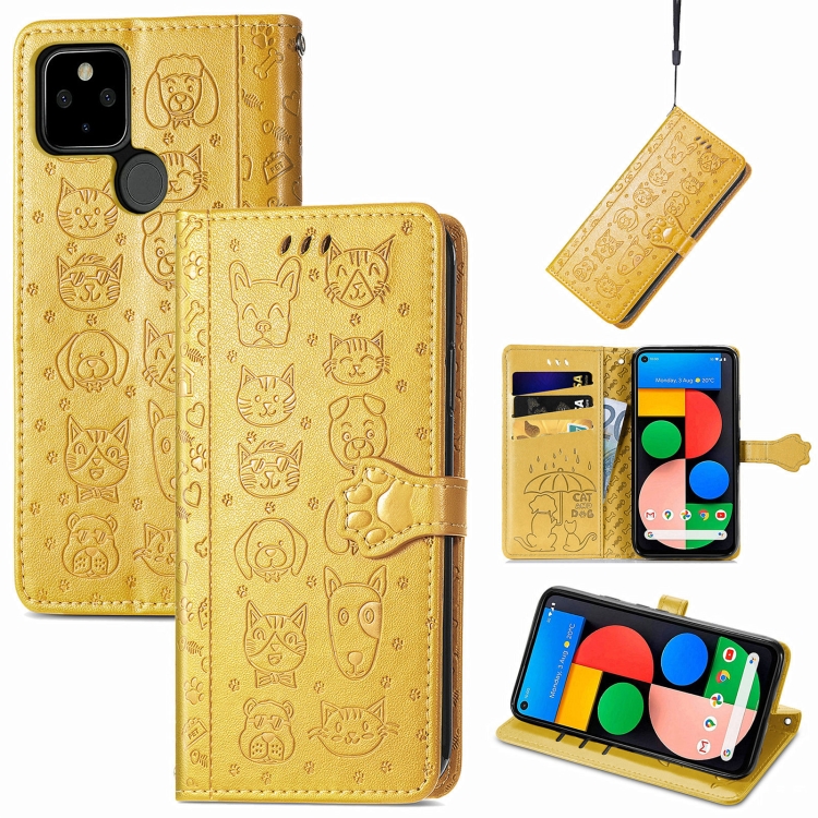 

For Google Pixel 5a 5G Lovely Cat and Dog Embossing Pattern Horizontal Flip Leather Case , with Holder & Card Slots & Wallet & Cartoon Clasp & Lanyard(Yellow)