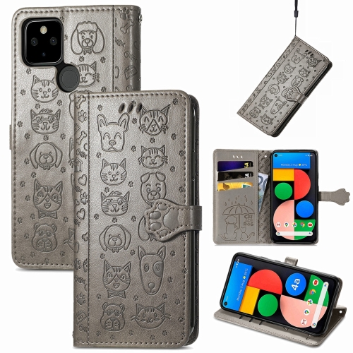 

For Google Pixel 5a 5G Lovely Cat and Dog Embossing Pattern Horizontal Flip Leather Case , with Holder & Card Slots & Wallet & Cartoon Clasp & Lanyard(Grey)