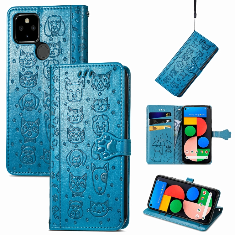 

For Google Pixel 5a 5G Lovely Cat and Dog Embossing Pattern Horizontal Flip Leather Case , with Holder & Card Slots & Wallet & Cartoon Clasp & Lanyard(Blue)