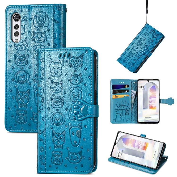 

For LG Velvet 2 Pro Lovely Cat and Dog Embossing Pattern Horizontal Flip Leather Case , with Holder & Card Slots & Wallet & Cartoon Clasp & Lanyard(Blue)