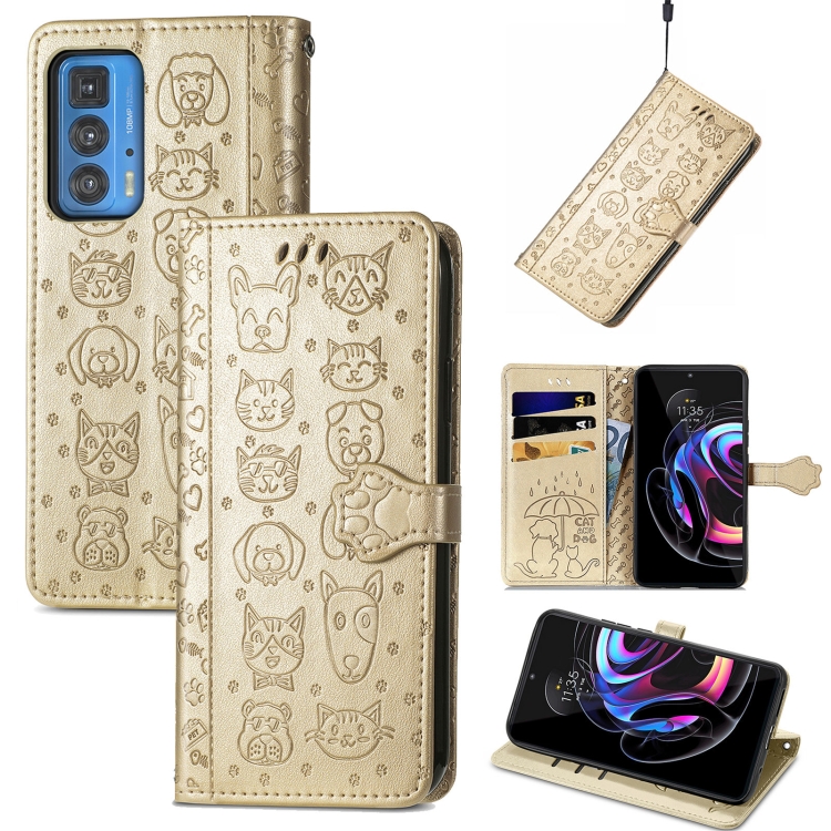 

For Motorola Edge 20 Pro Lovely Cat and Dog Embossing Pattern Horizontal Flip Leather Case , with Holder & Card Slots & Wallet & Cartoon Clasp & Lanyard(Gold)