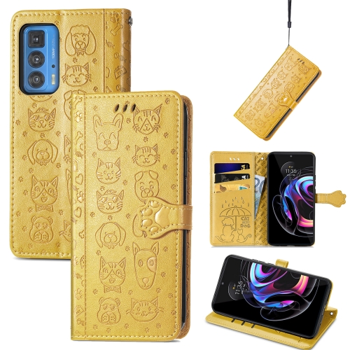 

For Motorola Edge 20 Pro Lovely Cat and Dog Embossing Pattern Horizontal Flip Leather Case , with Holder & Card Slots & Wallet & Cartoon Clasp & Lanyard(Yellow)