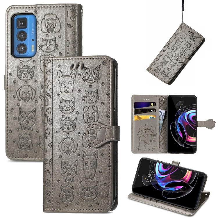 

For Motorola Edge 20 Pro Lovely Cat and Dog Embossing Pattern Horizontal Flip Leather Case , with Holder & Card Slots & Wallet & Cartoon Clasp & Lanyard(Grey)