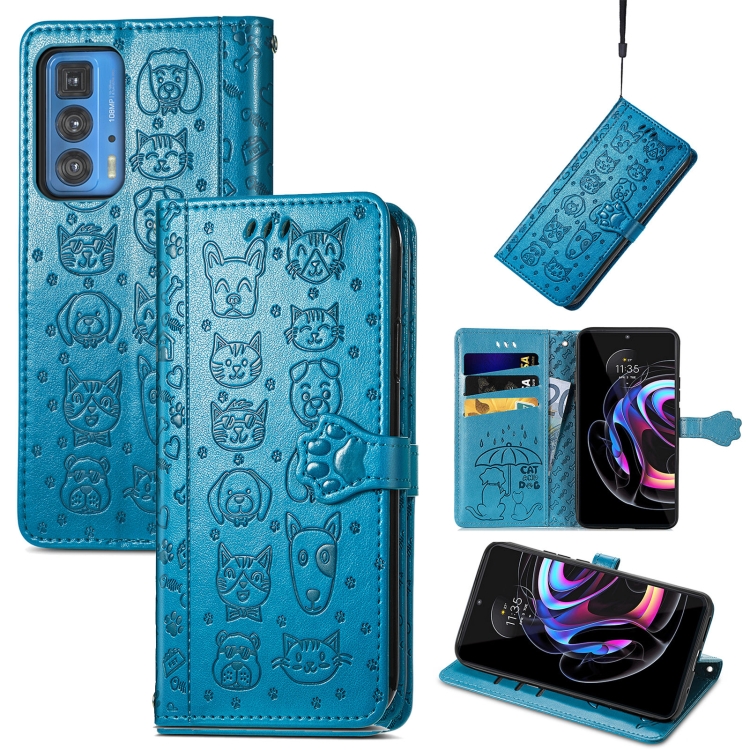 

For Motorola Edge 20 Pro Lovely Cat and Dog Embossing Pattern Horizontal Flip Leather Case , with Holder & Card Slots & Wallet & Cartoon Clasp & Lanyard(Blue)