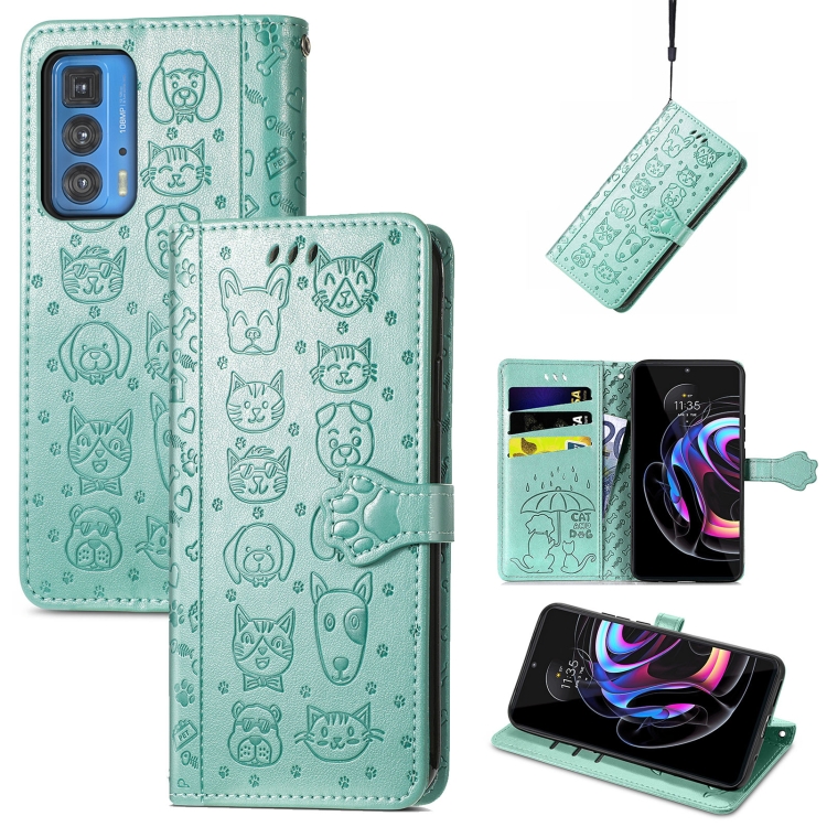 

For Motorola Edge 20 Pro Lovely Cat and Dog Embossing Pattern Horizontal Flip Leather Case , with Holder & Card Slots & Wallet & Cartoon Clasp & Lanyard(Green)