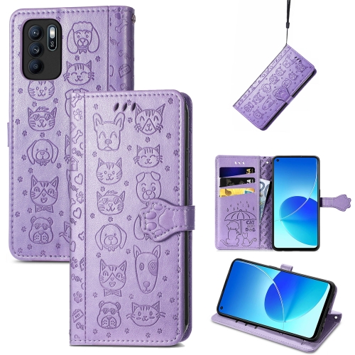 

For OPPO Reno6 Z Lovely Cat and Dog Embossing Pattern Horizontal Flip Leather Case , with Holder & Card Slots & Wallet & Cartoon Clasp & Lanyard(Purple)