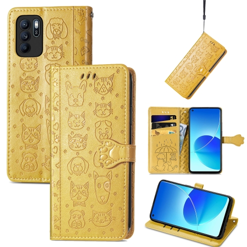 

For OPPO Reno6 Z Lovely Cat and Dog Embossing Pattern Horizontal Flip Leather Case , with Holder & Card Slots & Wallet & Cartoon Clasp & Lanyard(Yellow)