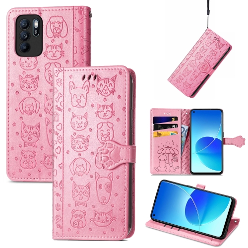 

For OPPO Reno6 Z Lovely Cat and Dog Embossing Pattern Horizontal Flip Leather Case , with Holder & Card Slots & Wallet & Cartoon Clasp & Lanyard(Pink)