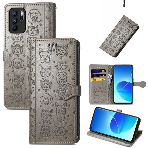 

For OPPO Reno6 Z Lovely Cat and Dog Embossing Pattern Horizontal Flip Leather Case , with Holder & Card Slots & Wallet & Cartoon Clasp & Lanyard(Grey)