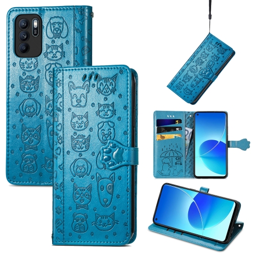 

For OPPO Reno6 Z Lovely Cat and Dog Embossing Pattern Horizontal Flip Leather Case , with Holder & Card Slots & Wallet & Cartoon Clasp & Lanyard(Blue)