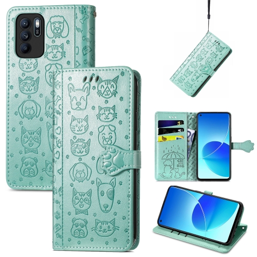 

For OPPO Reno6 Z Lovely Cat and Dog Embossing Pattern Horizontal Flip Leather Case , with Holder & Card Slots & Wallet & Cartoon Clasp & Lanyard(Green)