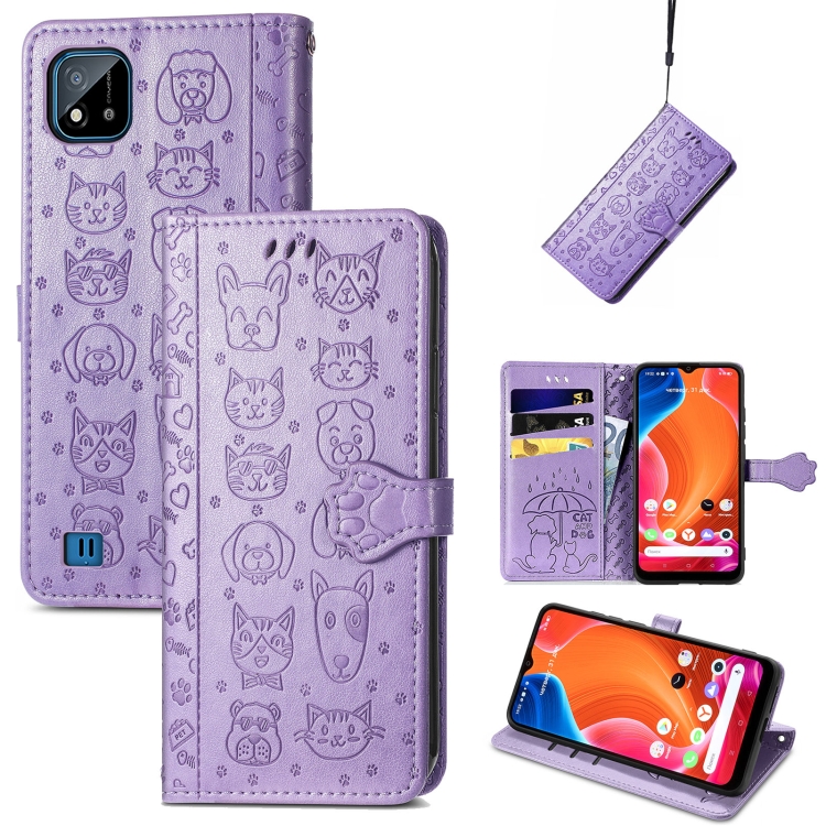 

For OPPO Realme C20 Lovely Cat and Dog Embossing Pattern Horizontal Flip Leather Case , with Holder & Card Slots & Wallet & Cartoon Clasp & Lanyard(Purple)
