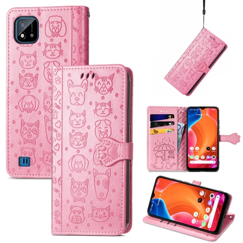 

For OPPO Realme C20 Lovely Cat and Dog Embossing Pattern Horizontal Flip Leather Case , with Holder & Card Slots & Wallet & Cartoon Clasp & Lanyard(Pink)