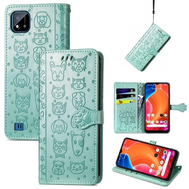 

For OPPO Realme C20 Lovely Cat and Dog Embossing Pattern Horizontal Flip Leather Case , with Holder & Card Slots & Wallet & Cartoon Clasp & Lanyard(Green)