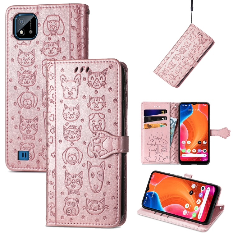 

For OPPO Realme C20 Lovely Cat and Dog Embossing Pattern Horizontal Flip Leather Case , with Holder & Card Slots & Wallet & Cartoon Clasp & Lanyard(Rose Gold)