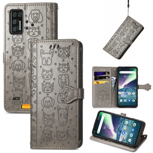 

For UMIDIGI Bison GT Lovely Cat and Dog Embossing Pattern Horizontal Flip Leather Case , with Holder & Card Slots & Wallet & Cartoon Clasp & Lanyard(Grey)