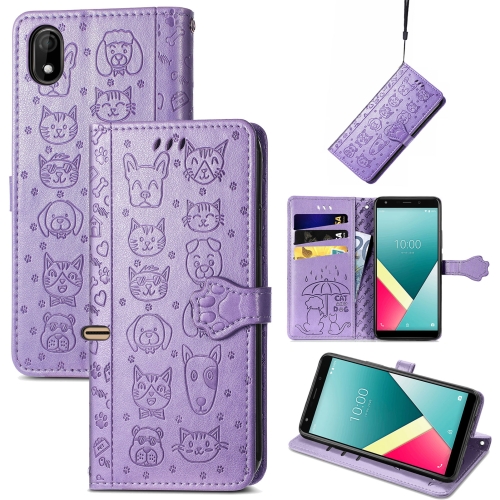 

For Wiko Y61 Lovely Cat and Dog Embossing Pattern Horizontal Flip Leather Case , with Holder & Card Slots & Wallet & Cartoon Clasp & Lanyard(Purple)