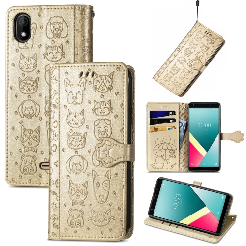 

For Wiko Y61 Lovely Cat and Dog Embossing Pattern Horizontal Flip Leather Case , with Holder & Card Slots & Wallet & Cartoon Clasp & Lanyard(Gold)