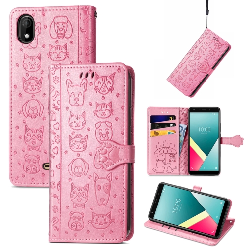 

For Wiko Y61 Lovely Cat and Dog Embossing Pattern Horizontal Flip Leather Case , with Holder & Card Slots & Wallet & Cartoon Clasp & Lanyard(Pink)