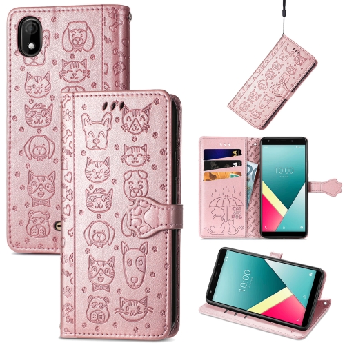 

For Wiko Y61 Lovely Cat and Dog Embossing Pattern Horizontal Flip Leather Case , with Holder & Card Slots & Wallet & Cartoon Clasp & Lanyard(Rose Gold)