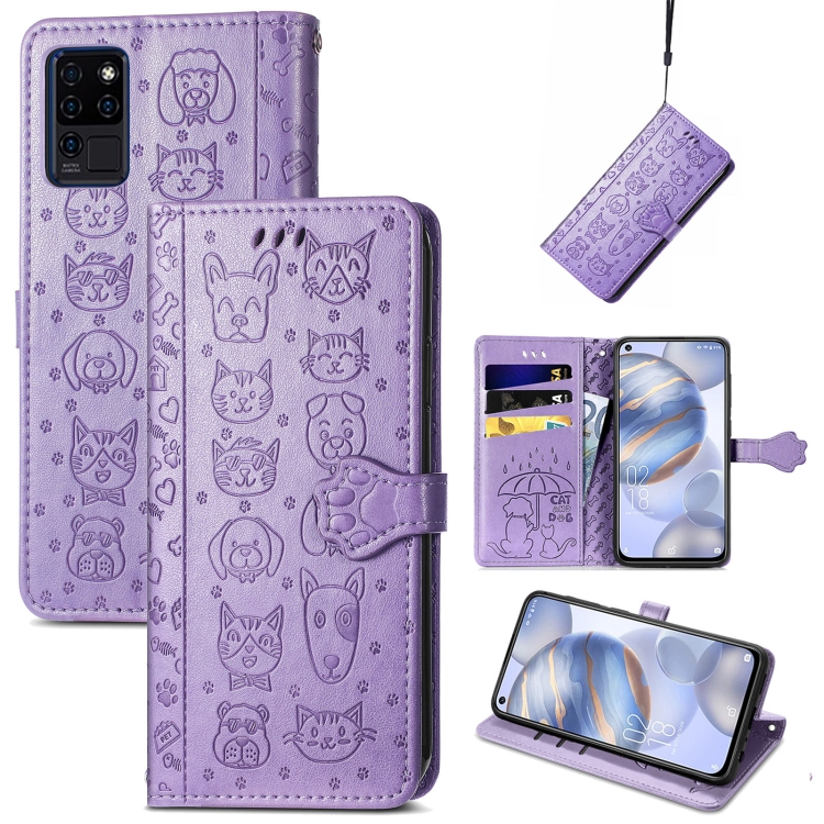 

For Oukitel C21 Lovely Cat and Dog Embossing Pattern Horizontal Flip Leather Case , with Holder & Card Slots & Wallet & Cartoon Clasp & Lanyard(Purple)