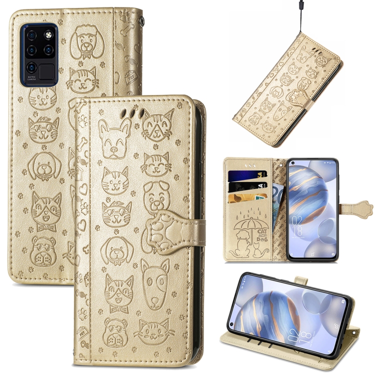 

For Oukitel C21 Lovely Cat and Dog Embossing Pattern Horizontal Flip Leather Case , with Holder & Card Slots & Wallet & Cartoon Clasp & Lanyard(Gold)